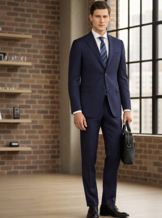 2pc Navy_Herringbone_Single_Breasted_Two_Piece_Suit_Italian_Pure_Wool_Super_110_S