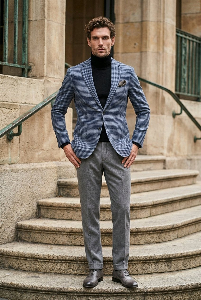 2pc Navy Puppytooth Wool Single Breasted Jacket / Plus Grey Wool Trousers