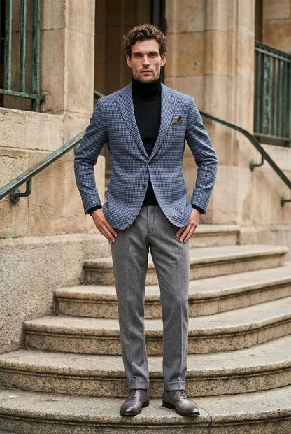 2pc Navy Puppytooth Wool Single Breasted Jacket / Plus Grey Wool Trousers