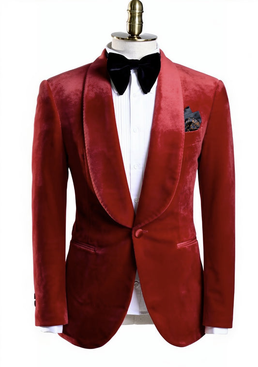 2pc Red/ Velvet Single Breasted Tuxedo Jacket and Black Formal Trousers / Italian Pure Wool