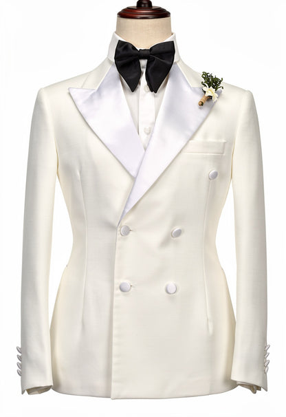 2pc White/ Ivory / Wool / Silk Double Breasted Tuxedo Jacket and White Formal Trousers