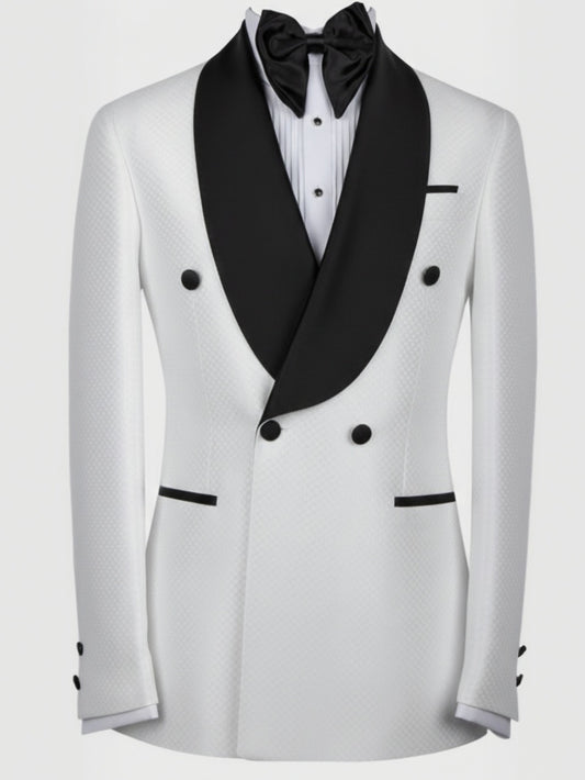 2pc White Jacquard Double Breasted Tuxedo Jacket and Black Formal Trousers / Italian Pure Wool