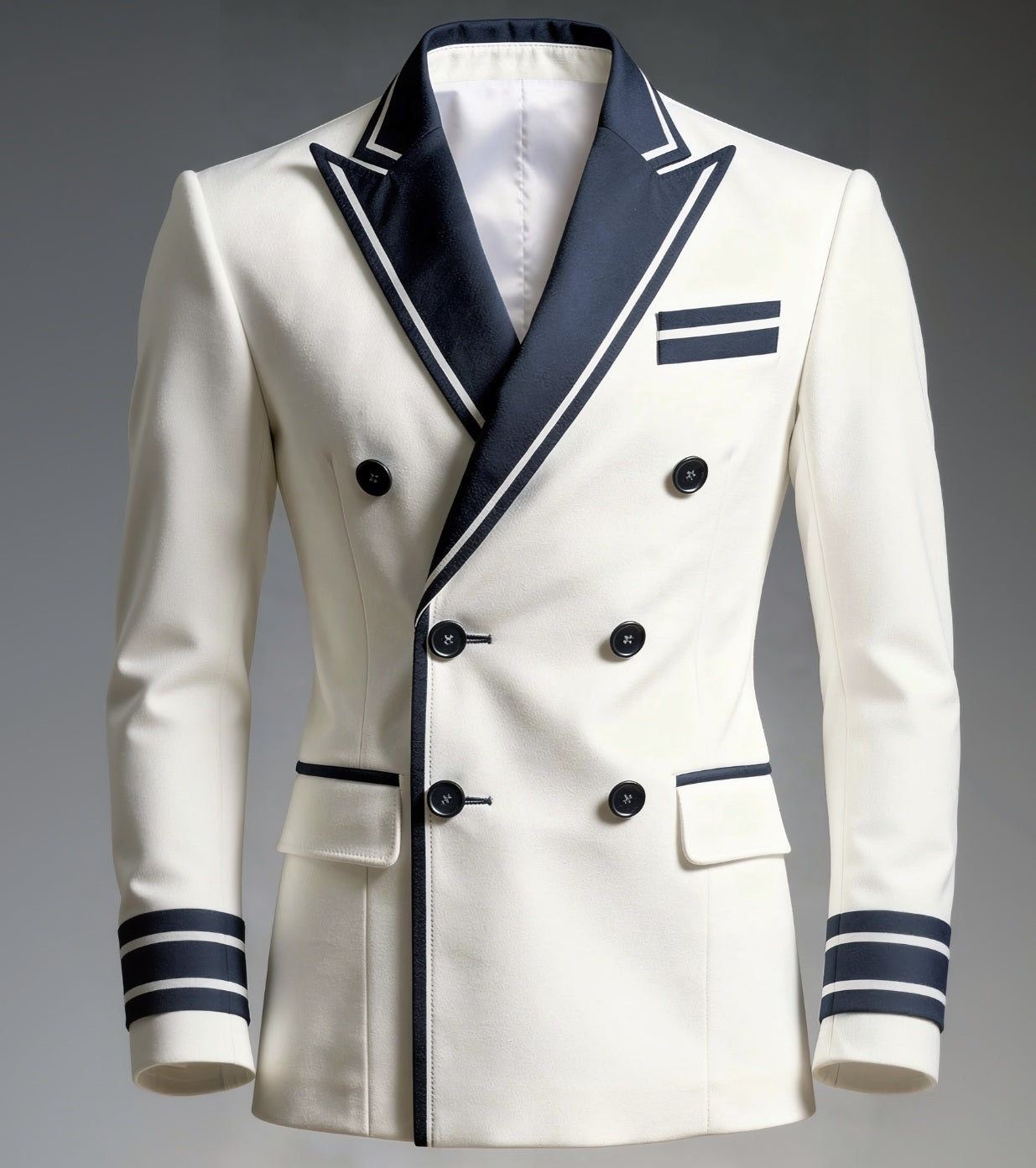 2pc White/Navy Double Breasted Tuxedo Jacket and Black Formal Trousers