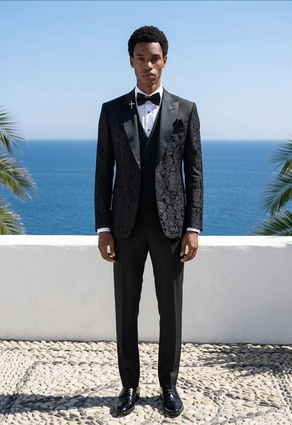 Black Jacquard Single Breasted Tuxedo Jacket + Waistcoat and Black Formal Trouser