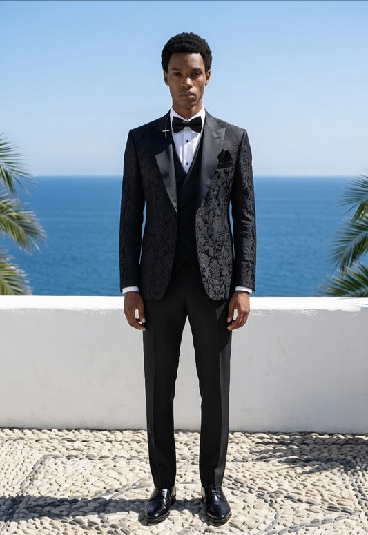 Black Jacquard Single Breasted Tuxedo Jacket + Waistcoat and Black Formal Trouser