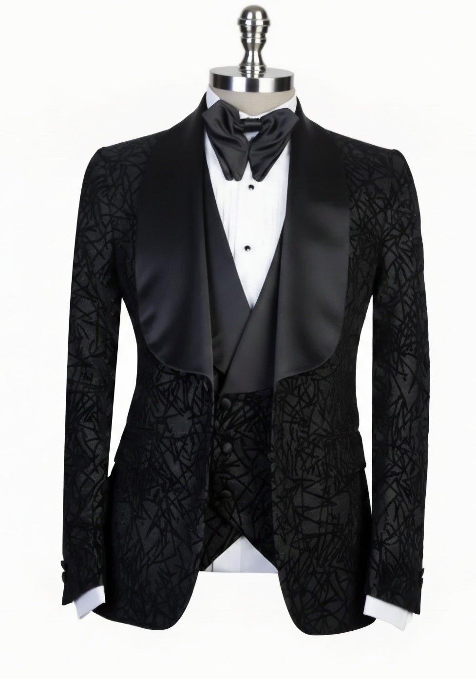 3pc Black Jacquard Single Breasted Tuxedo Jacket + Waistcoat and Black Formal Trousers / Italian Pure Wool