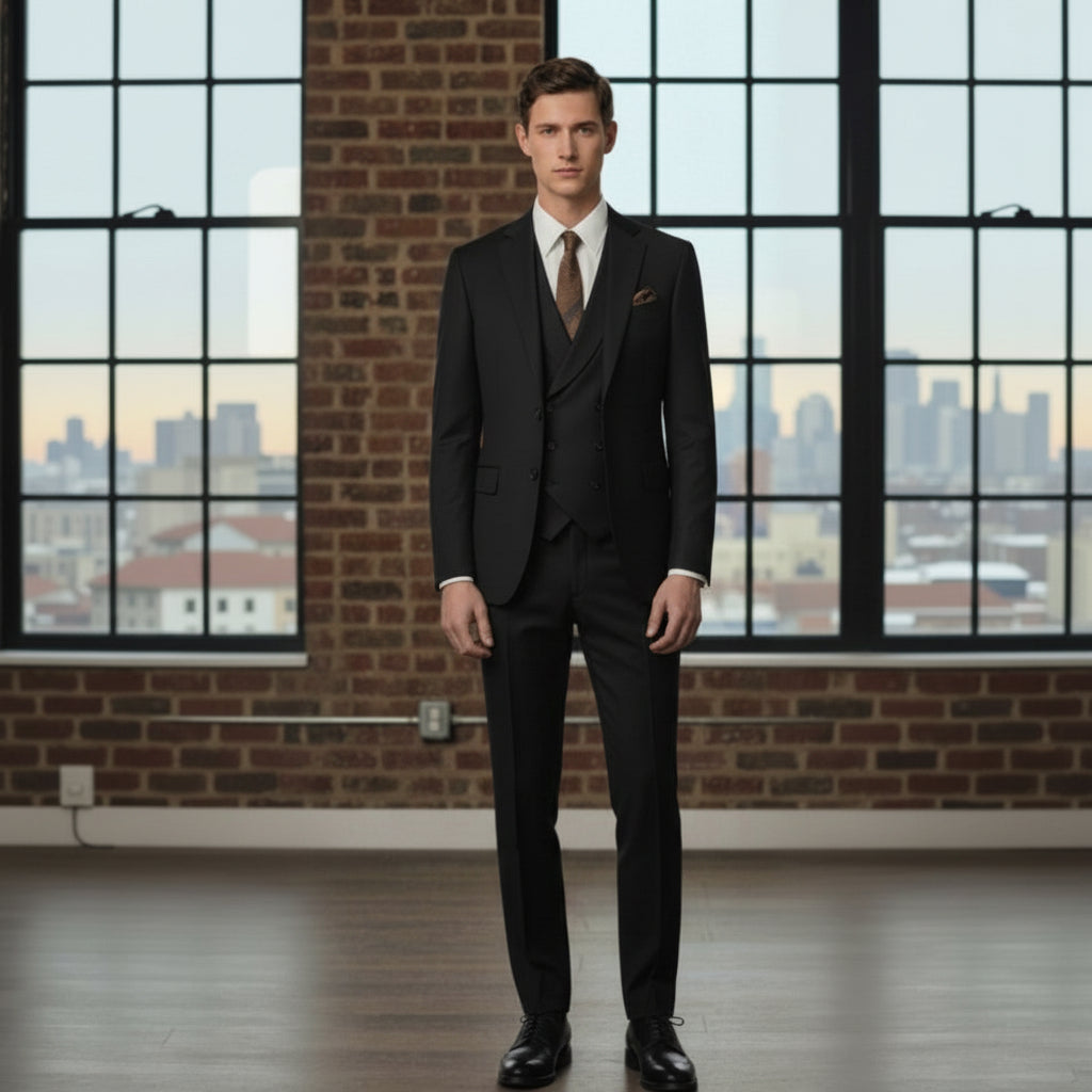 3pc Black Single Breasted / Three Piece Suit Italian Pure Wool Super 120'S