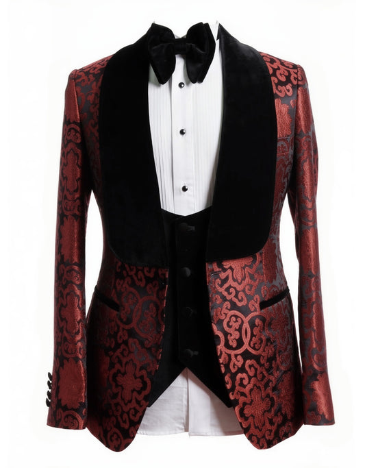 3pc Burgundy Single Breasted Brocade Tuxedo Jacket + Waistcoat and Black Formal Trousers