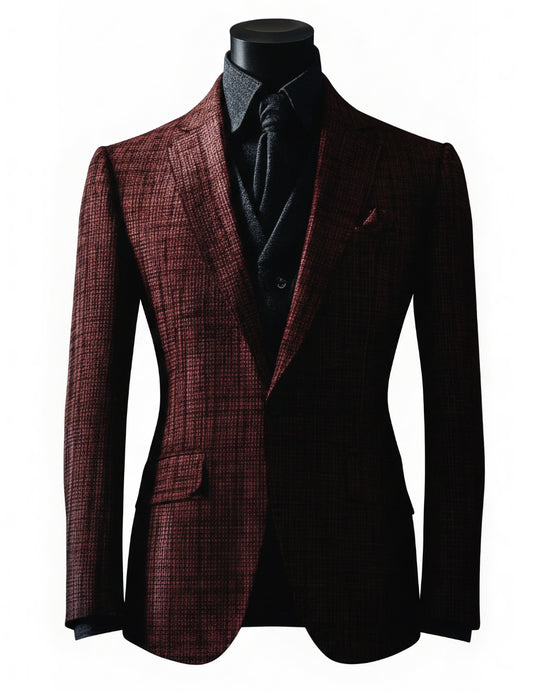 3pc Burgundy Single Breasted Textured Tuxedo Jacket + Waistcoat and Black Formal Trousers