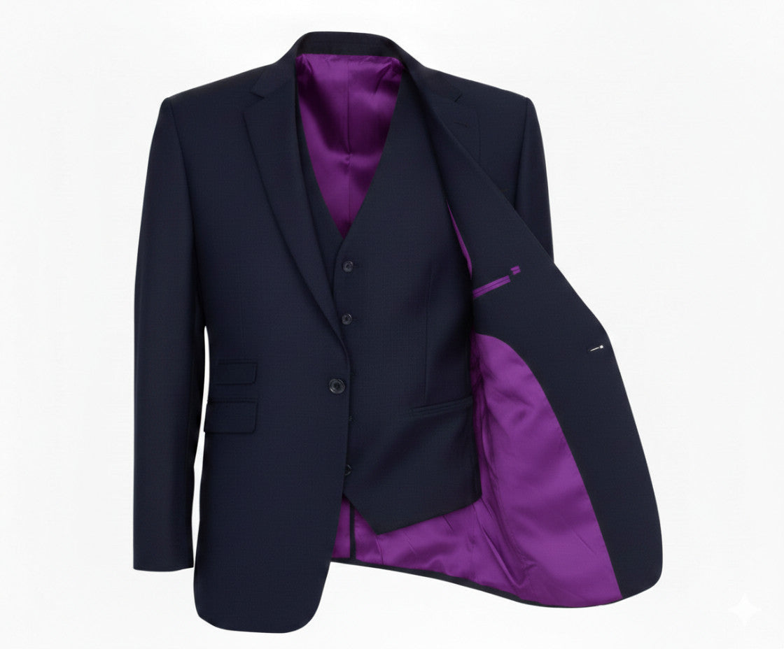 3pc Dark Navy Single Breasted / Three Piece Suit Italian Pure Wool Super 120'S