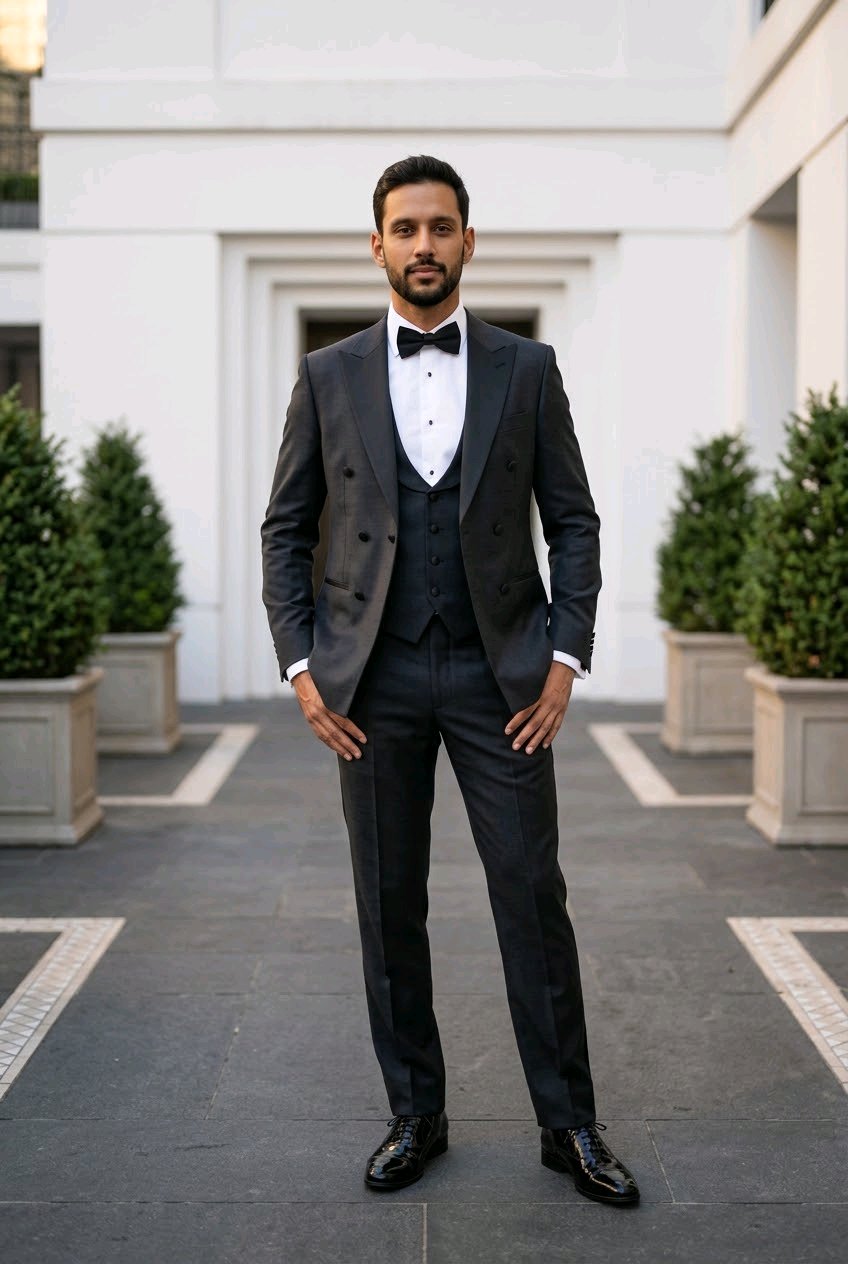 3pc English Pure Wool DB 3+2 Black Evening Suit Super 110's Three Piece Suit