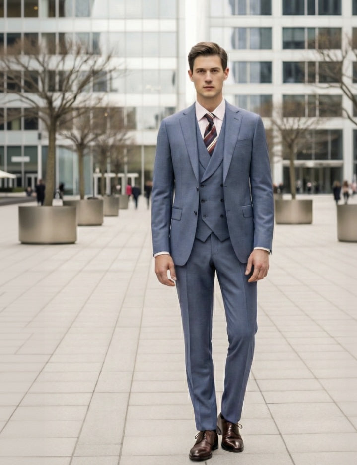 3pc English Pure Wool Dusty Blue Super 120's Three Piece Suit