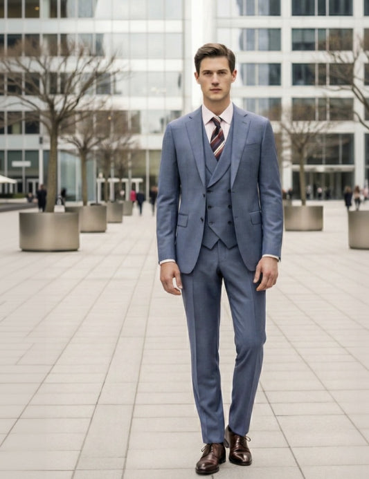 3pc English Pure Wool Dusty Blue Super 120's Three Piece Suit