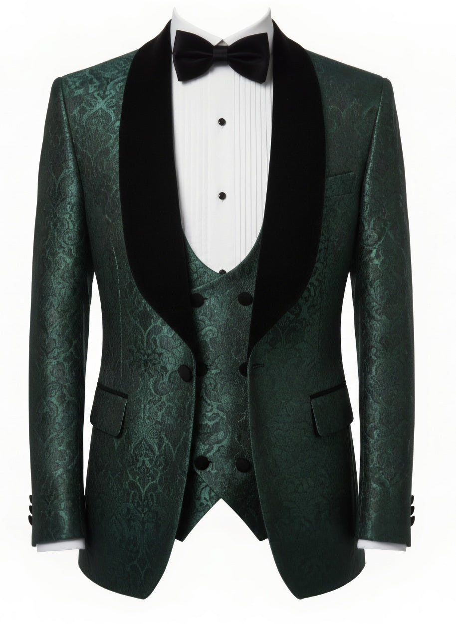 3pc Green Jacquard Single Breasted Tuxedo Jacket + Waistcoat and Black Formal Trousers / Italian Pure Wool