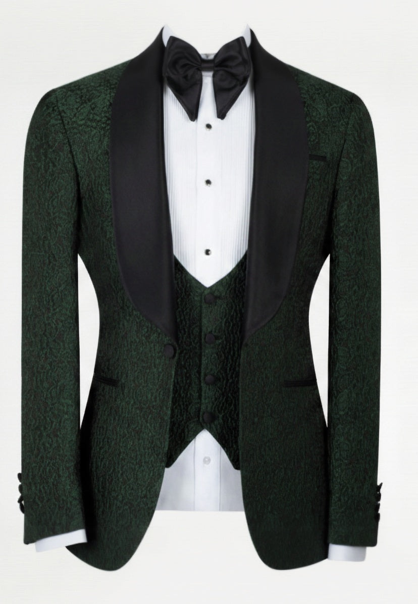 3pc Green Jacquard Single Breasted Tuxedo Jacket + Waistcoat and Black Formal Trousers / Italian Pure Wool 