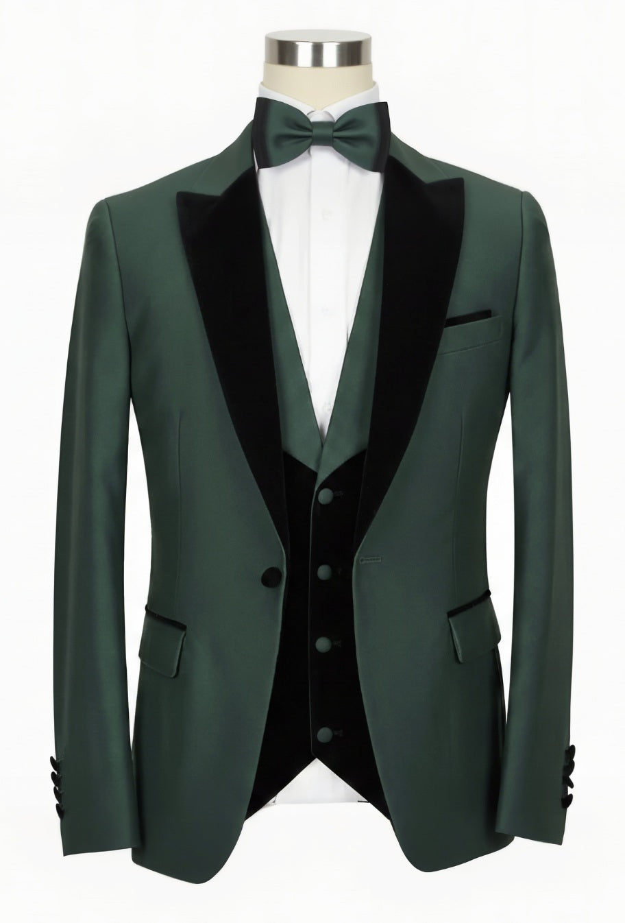 3pc Green Single Breasted Tuxedo Jacket + Waistcoat and Black Formal Trousers / Italian Pure Wool