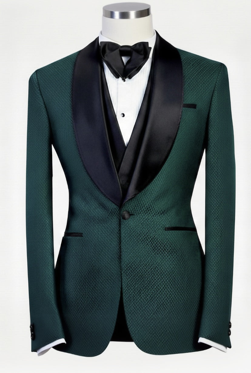 3pc Green Textured Single Breasted Tuxedo Jacket + Waistcoat and Black Formal Trousers / Italian Pure Wool
