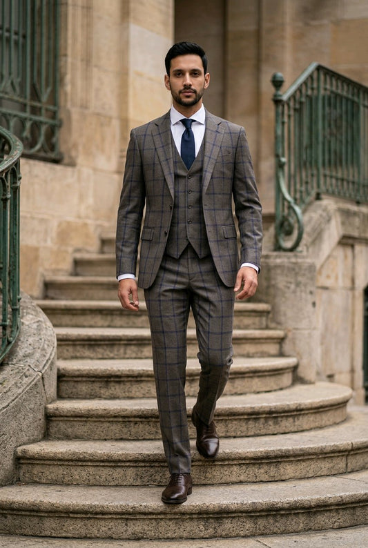 3pc Grey and Navy Check Wool Single Breasted Jacket / Plus Grey and Navy Trousers