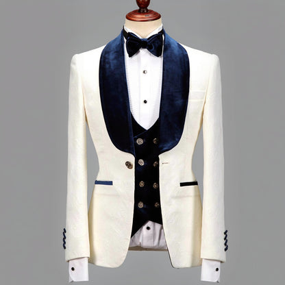 3pc Ivory Brocade Single Breasted Tuxedo Jacket + Waistcoat and Black Formal Trousers / Italian Pure Wool