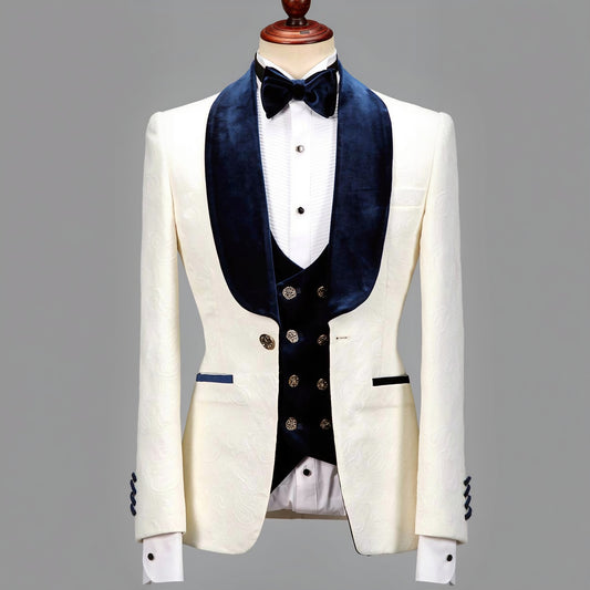 3pc Ivory Brocade Single Breasted Tuxedo Jacket + Waistcoat and Black Formal Trousers / Italian Pure Wool