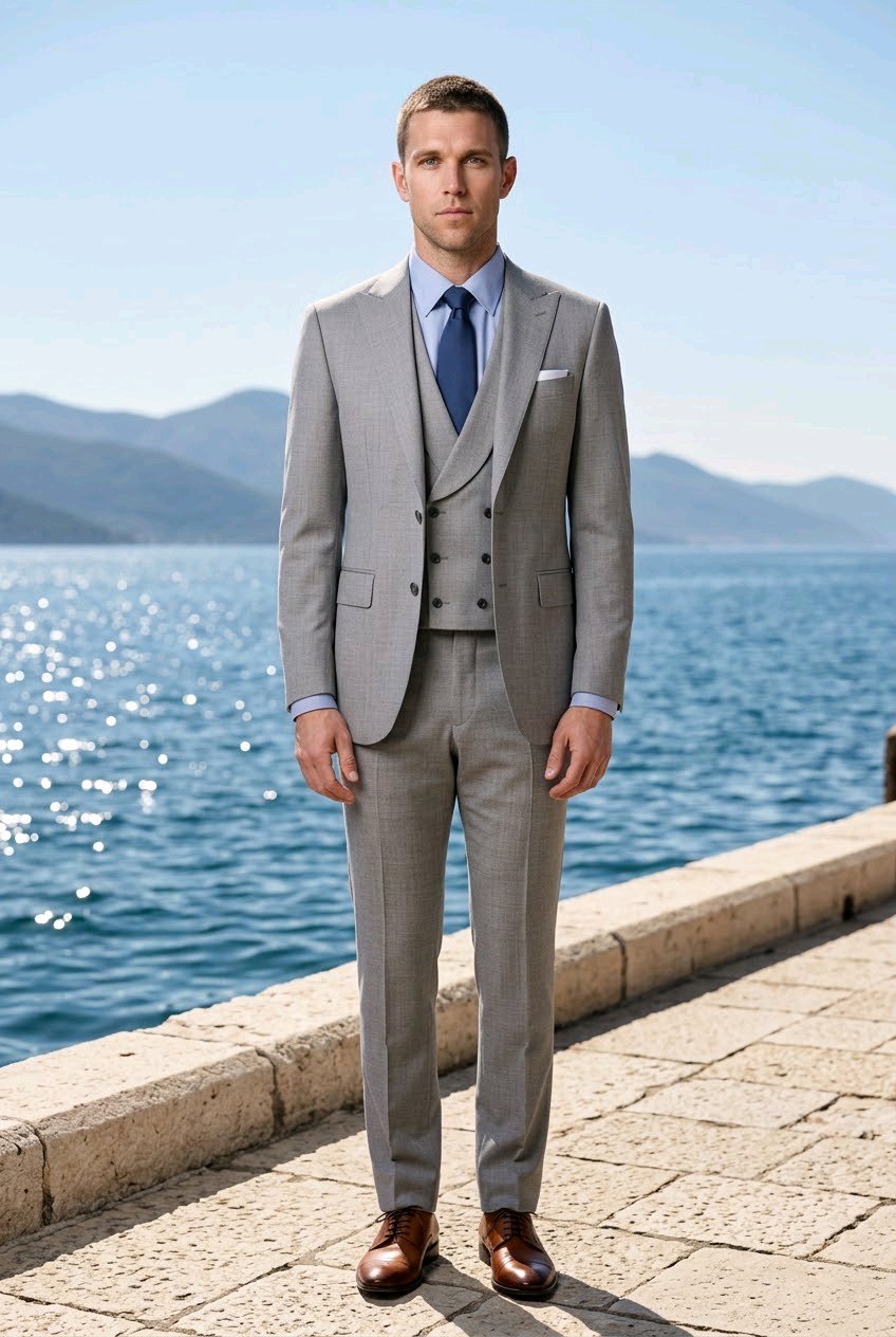 3pc Light Grey Single Breasted / Three Piece Suit Italian Pure Wool Super 110'S
