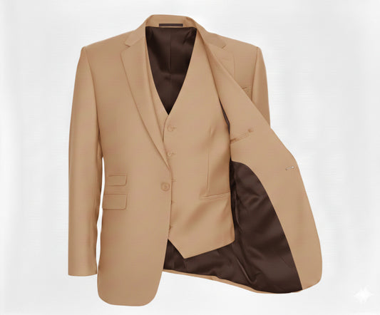 3pc Light Khaki Single Breasted / Three Piece Suit Italian Pure Wool Super 110'S