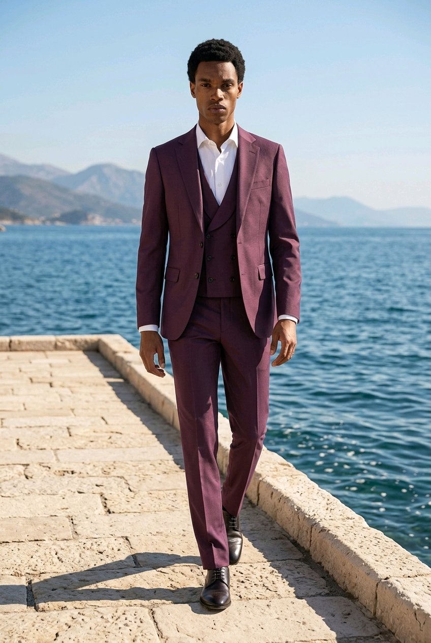 3pc Maroon Single Breasted / Three Piece Suit Italian Pure Wool Super 110'S