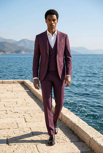 3pc Maroon Single Breasted / Three Piece Suit Italian Pure Wool Super 110'S