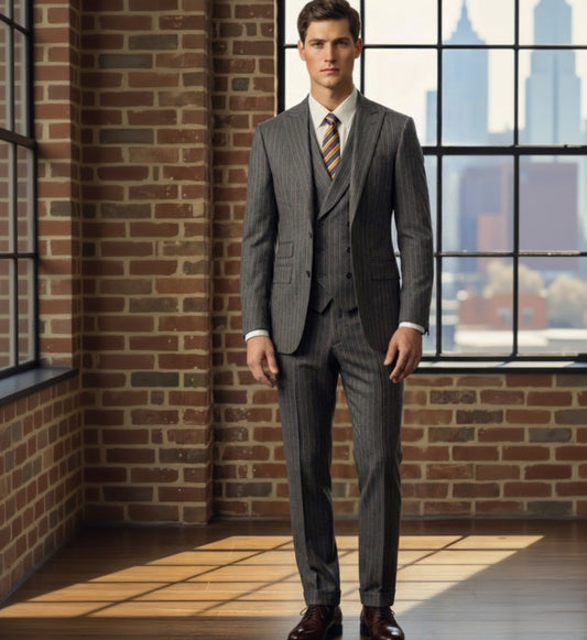 3pc Mid Grey Pinstripe Single Breasted / Three Piece Suit Italian Pure Wool Super 110'S