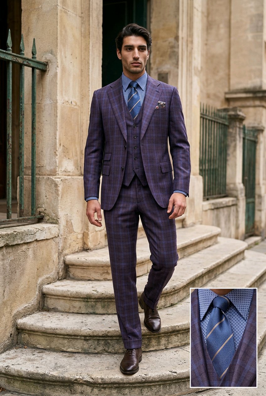 3pc Purple and Navy Check Single Breasted Jacket / Plus Purple and Navy Check Trousers