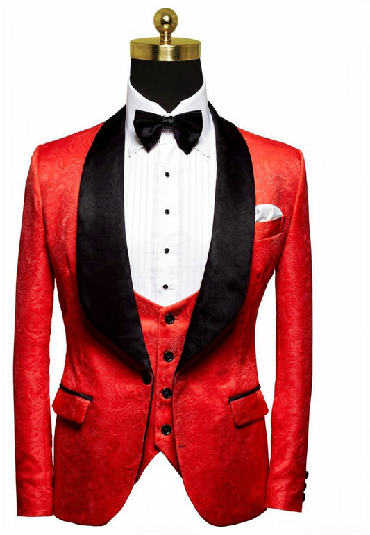 3pc Red Single Breasted Jacquard Tuxedo Jacket + Waistcoat and Black Formal Trousers