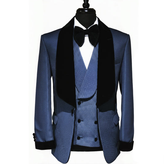 3pc Royal Blue Single Breasted Textured Tuxedo Jacket + Waistcoat and Black Formal Trousers