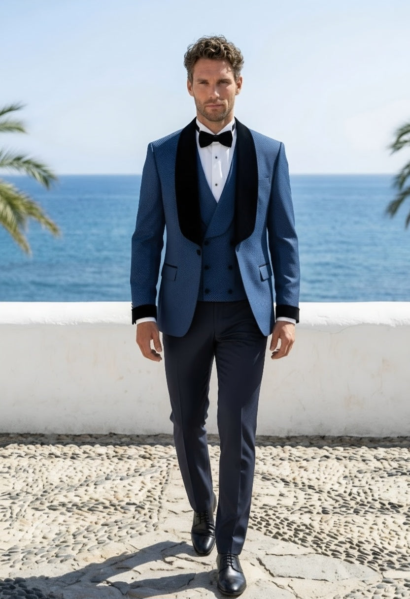 3pc Royal Blue Single Breasted Textured Tuxedo Jacket + Waistcoat and Navy Formal Trousers
