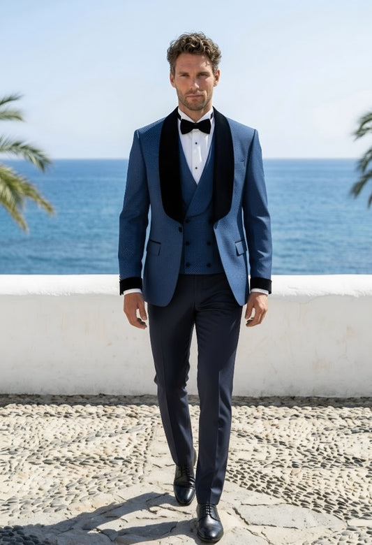 3pc Royal Blue Single Breasted Textured Tuxedo Jacket + Waistcoat and Navy Formal Trousers