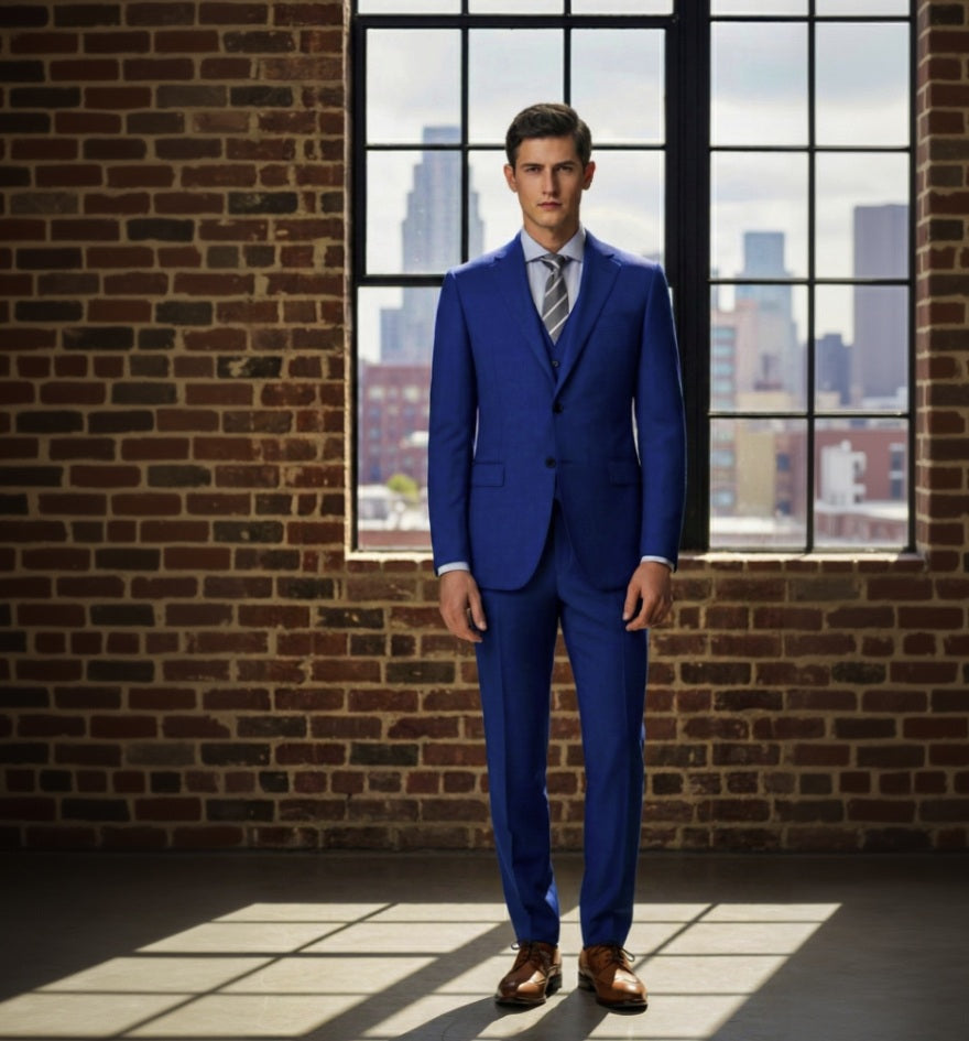 3pc Royal Blue Single Breasted / Three Piece Suit Italian Pure Wool Super 110'S