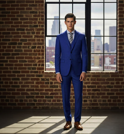 3pc Royal Blue Single Breasted / Three Piece Suit Italian Pure Wool Super 110'S