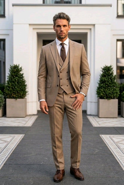 3pc Tan Single Breasted / Three Piece Suit Italian Pure Wool Super 120'S