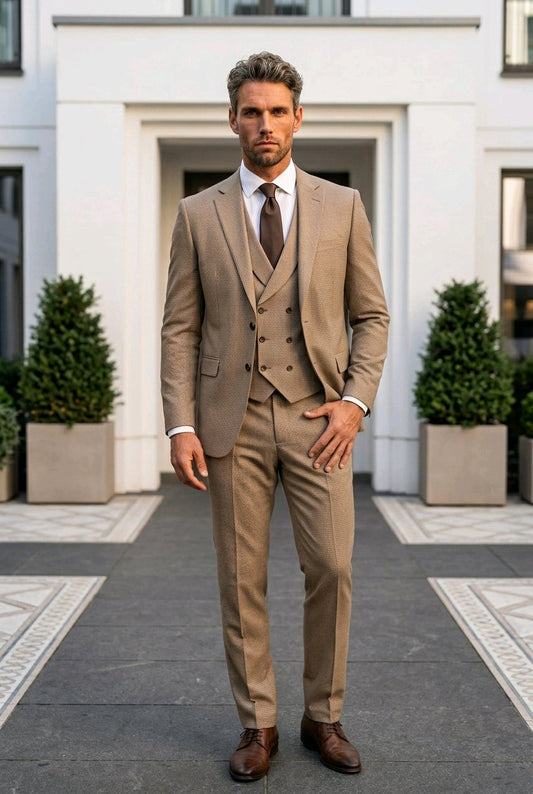 3pc Tan Single Breasted / Three Piece Suit Italian Pure Wool Super 120'S