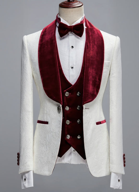 3pc White/Burgundy Velvet Single Breasted Jacquard Tuxedo Jacket + Waistcoat and Black Formal Trousers