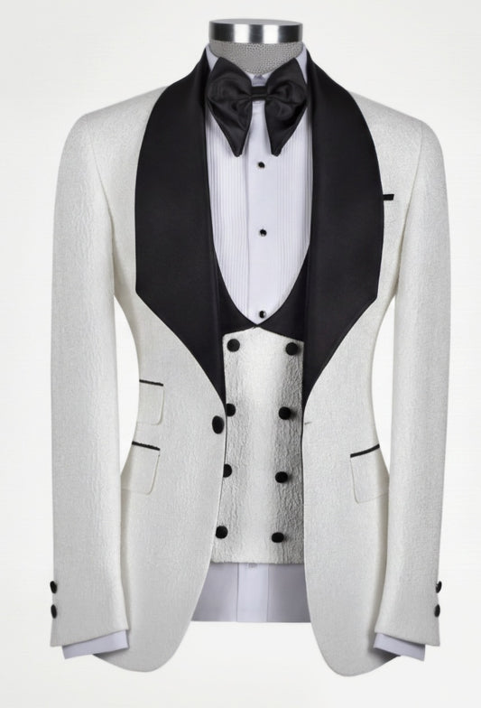 3pc White Jacquard Single Breasted Tuxedo Jacket + Waistcoat and Black Formal Trousers / Italian Pure Wool