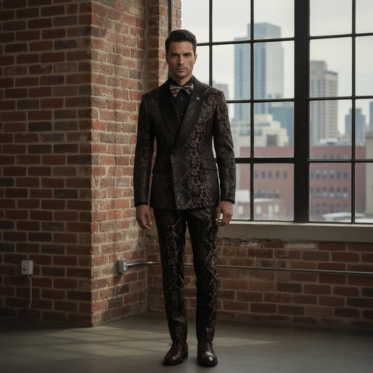 Tuxedo Black and Gold Patterned Jacquard Jacket  / Style Number J39173/200