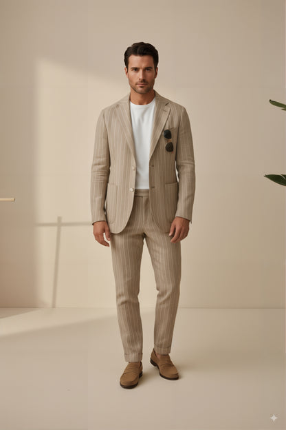 Soft Casual / Linen Single Breasted Tan Chalk Stripe Jacket Style No DJJ0070