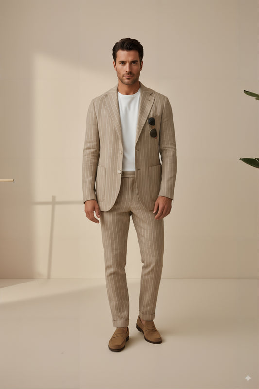 Soft Casual / Linen Single Breasted Tan Chalk Stripe Jacket Style No DJJ0070