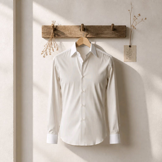 A Ivory long-sleeve button-up dress shirt hanging on a wooden hanger from a rustic wooden wall rack, with dried floral decorations against a textured beige wall.