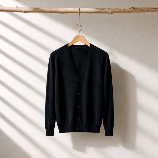 A Navy knit cardigan sweater hanging on a wooden hanger from a rustic branch, set against a textured off-white wall with soft diagonal shadows.