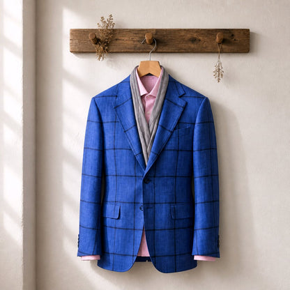 A Navy windowpane plaid blazer jacket is displayed on a wooden hanger hanging from a rustic wooden wall hook. The blazer is layered over a light pink dress shirt and a gray knit sweater.