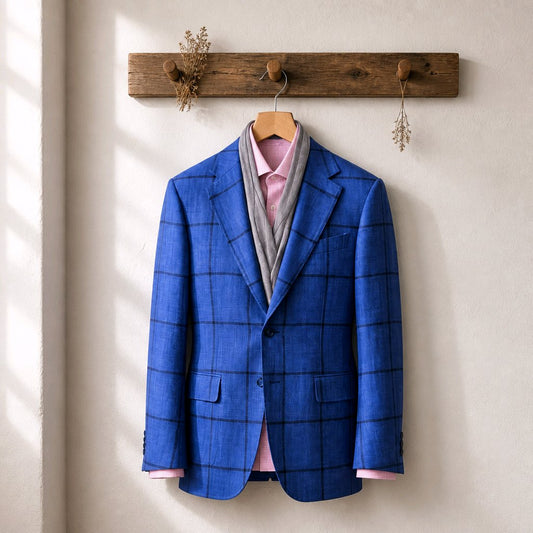 A Navy windowpane plaid blazer jacket is displayed on a wooden hanger hanging from a rustic wooden wall hook. The blazer is layered over a light pink dress shirt and a gray knit sweater.