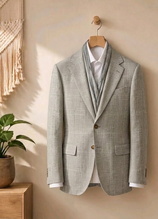 A light gray textured blazer with a subtle houndstooth pattern, styled on a wooden hanger with a white dress shirt and a matching gray neck scarf, hanging on a beige wall next to a potted plant.