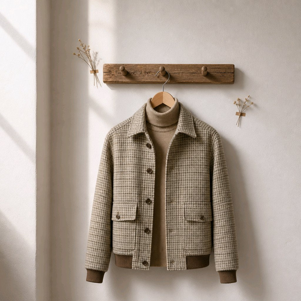 A beige and brown checkered jacket with a brown turtleneck sweater underneath, hanging on a wooden hanger from a rustic wooden peg rail mounted on a textured off-white wall.