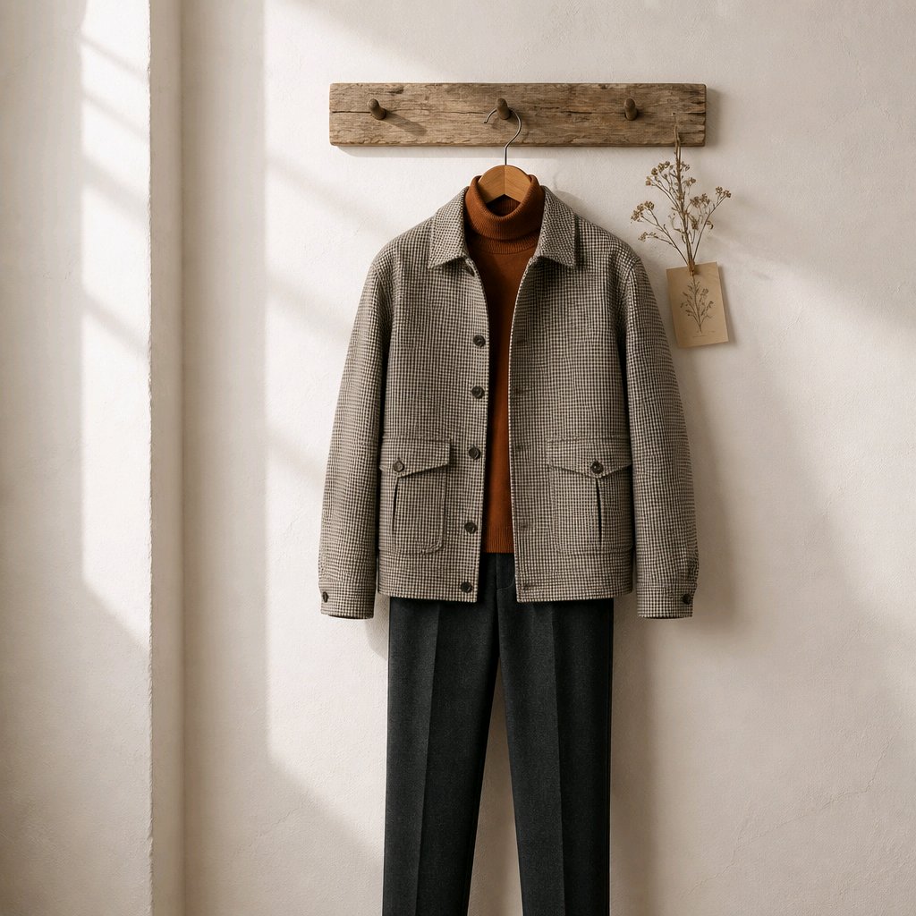 A beige and brown houndstooth patterned jacket hanging on a wooden hanger against a textured off-white wall, styled with a rust-orange turtleneck sweater and dark charcoal trousers.